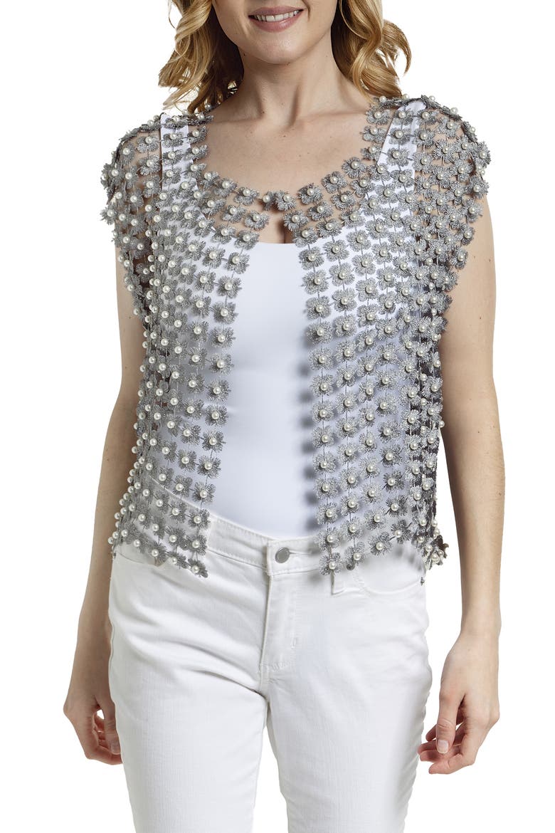 Pearly Beaded Floral Lace Top, Main, color, GREY