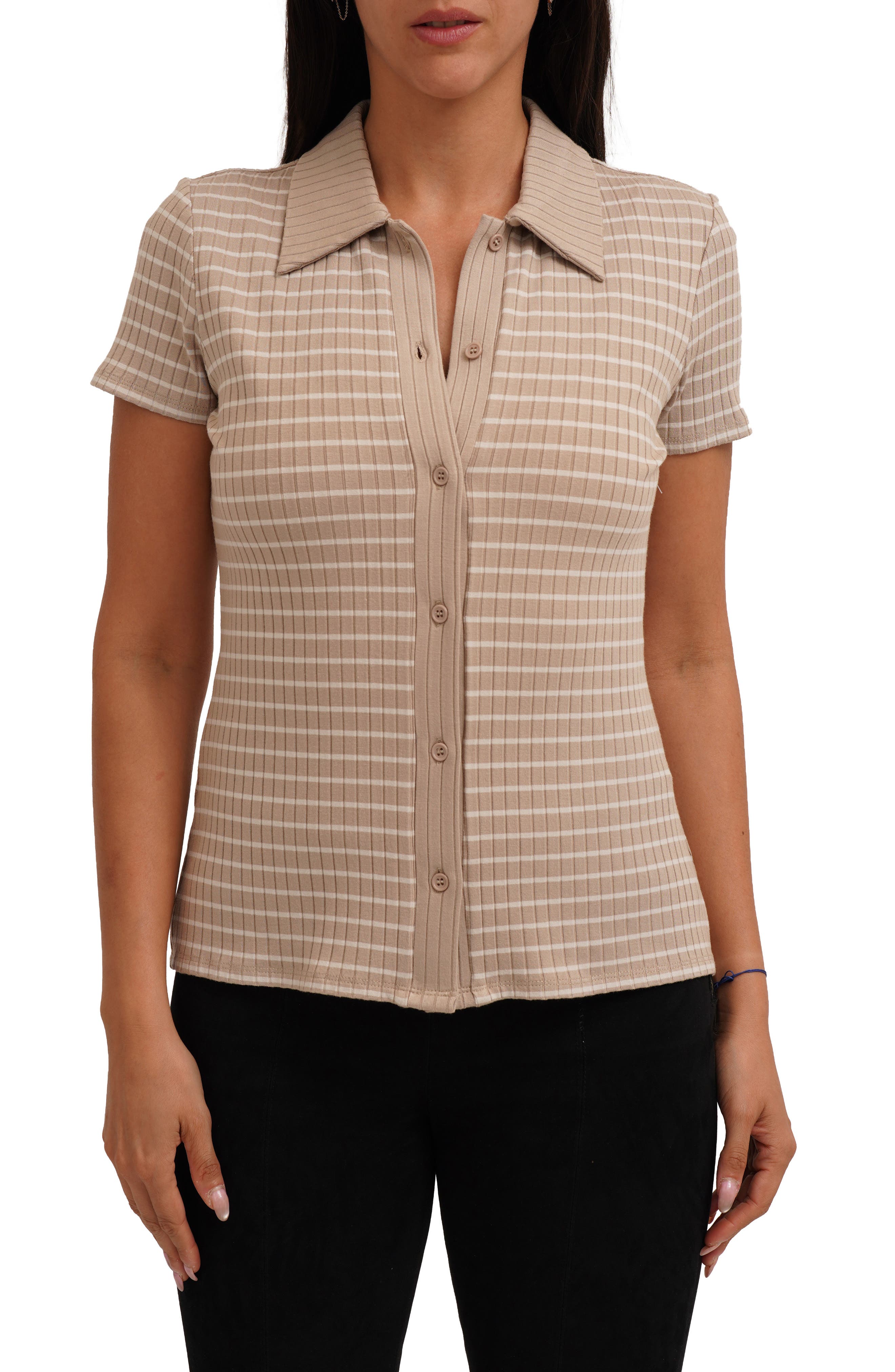 CYRUS Stripe Rib Button-Up Knit Top