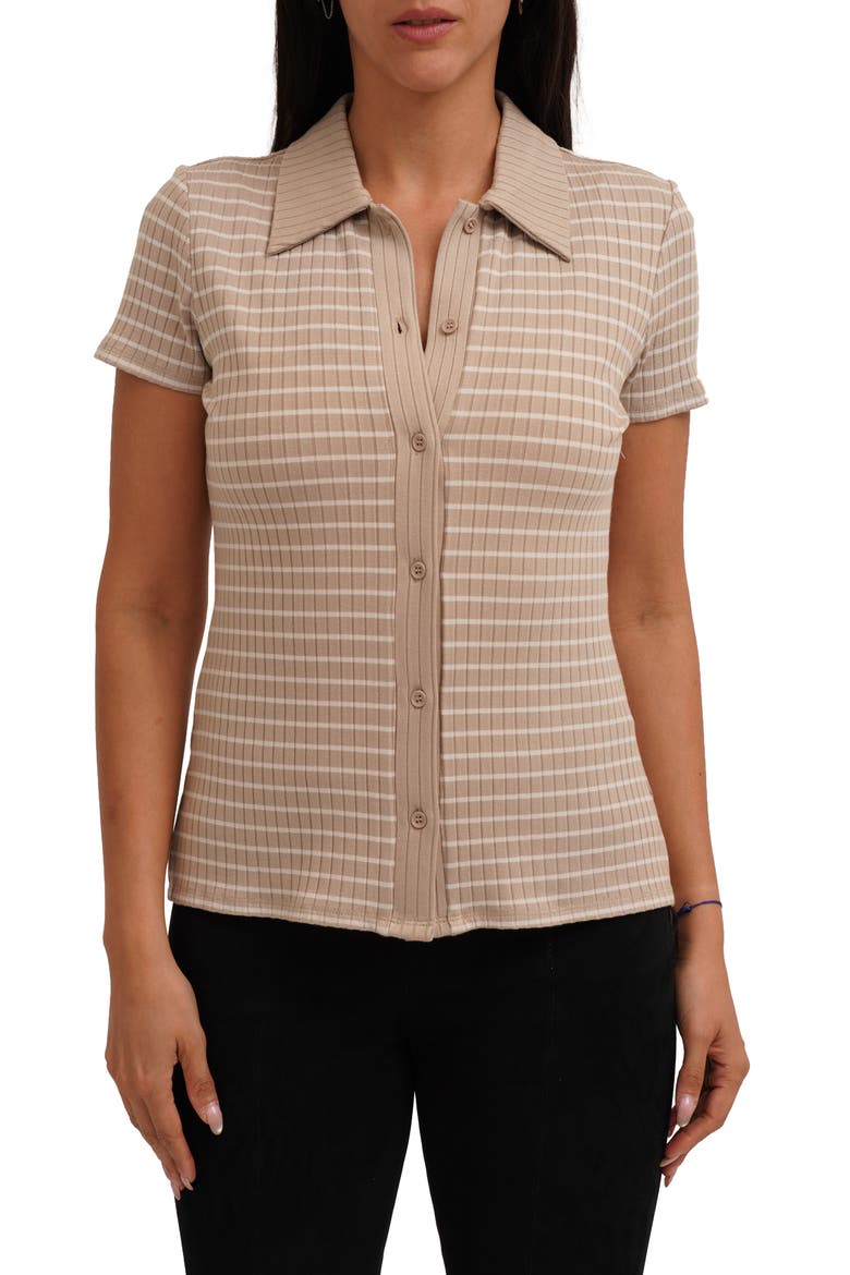 Stripe Rib Button-Up Knit Top, Main, color, NOMAD/ PALE FLEX