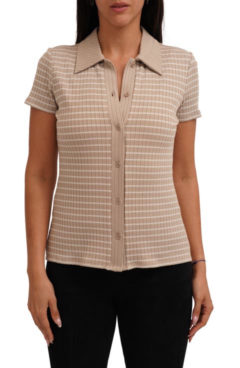 Stripe Rib Button-Up Knit Top
