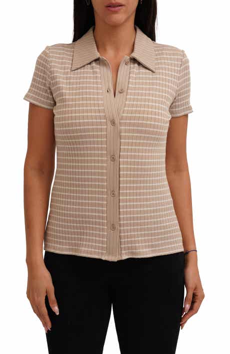 CYRUS Stripe Rib Button-Up Knit Top