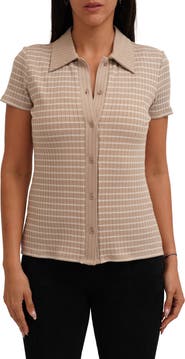 CYRUS Stripe Rib Button-Up Knit Top