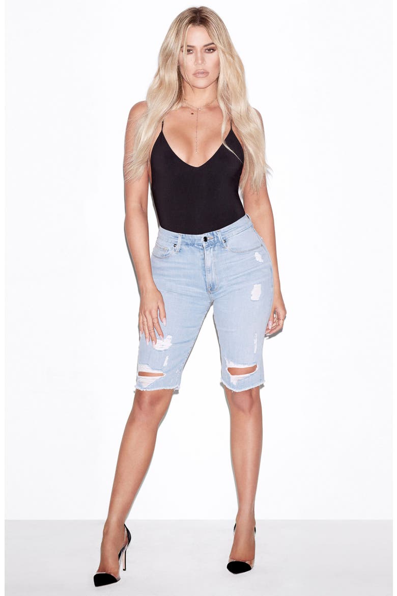 Destroyed Denim Bermuda Shorts, Alternate, color, BLUE 039