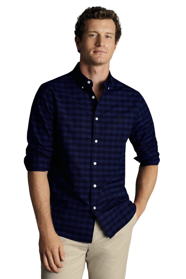 Slim Fit Button-Down Collar Washed Oxford Gingham Shirt, Alternate, color, Ink Blue