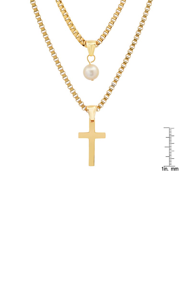 HMY JEWELRY 18K Gold Plated Stainless Steel Imitation Pearl & Cross Pendant Layered Necklace, Alternate, color, Yellow