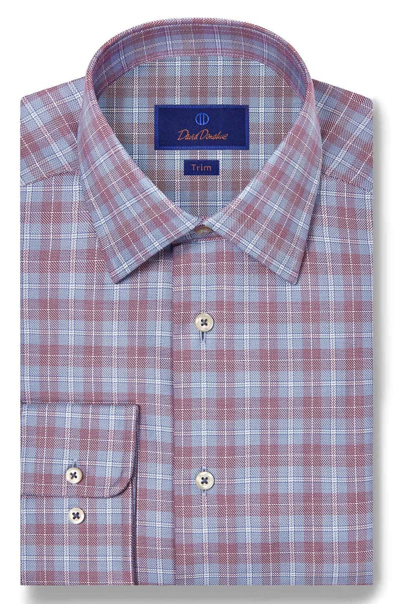 David Donahue Trim Fit Exploded Check Cotton Dress Shirt, Main, color, Blue/ Merlot