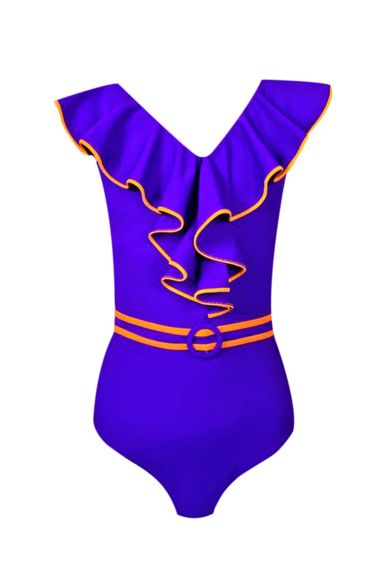 Kids' Vibrant Ruffle with Belt Detail One-Piece Swimsuit, Main, color, Blue