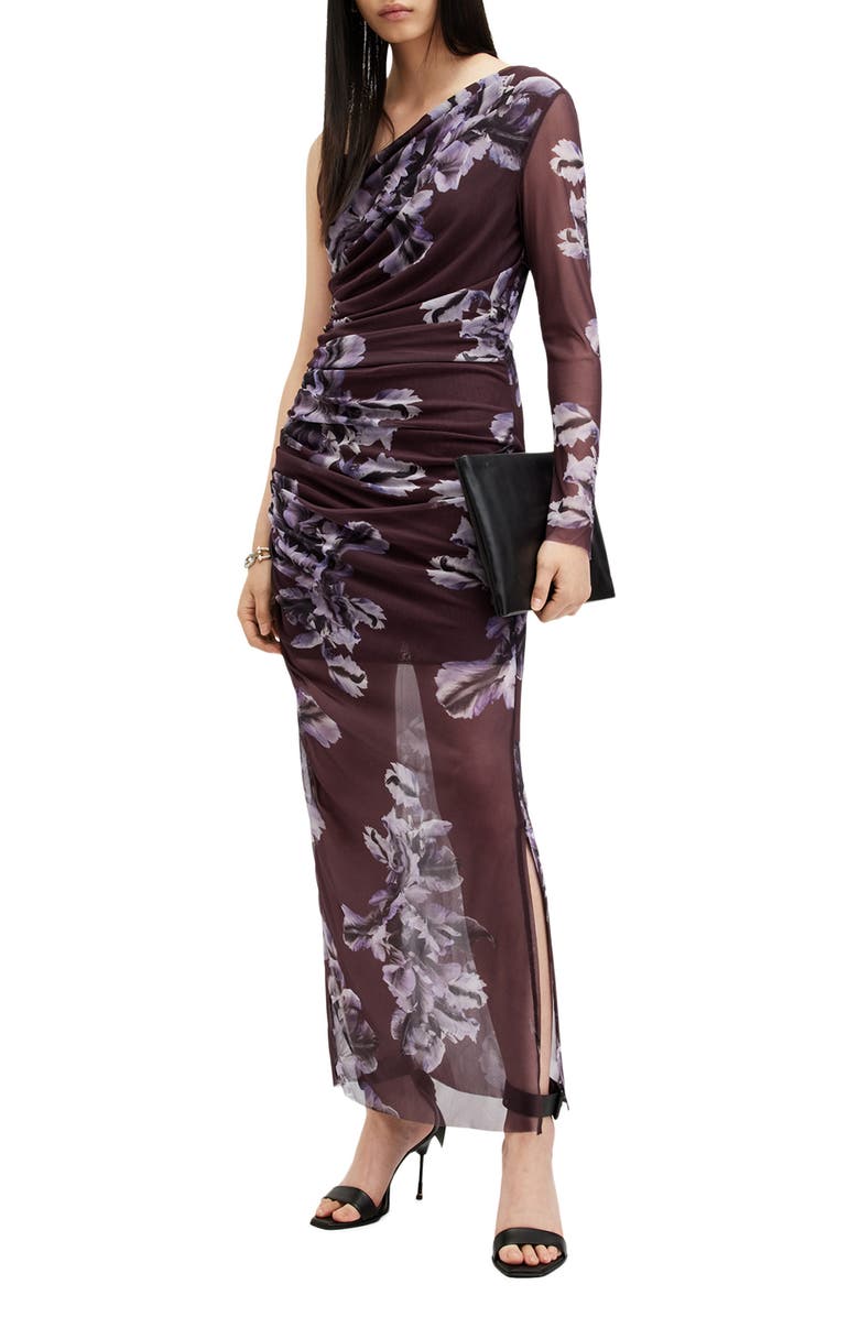 AllSaints Eris Pleated Single Long Sleeve Mesh Maxi Dress, Alternate, color, Monica Oxblood Red