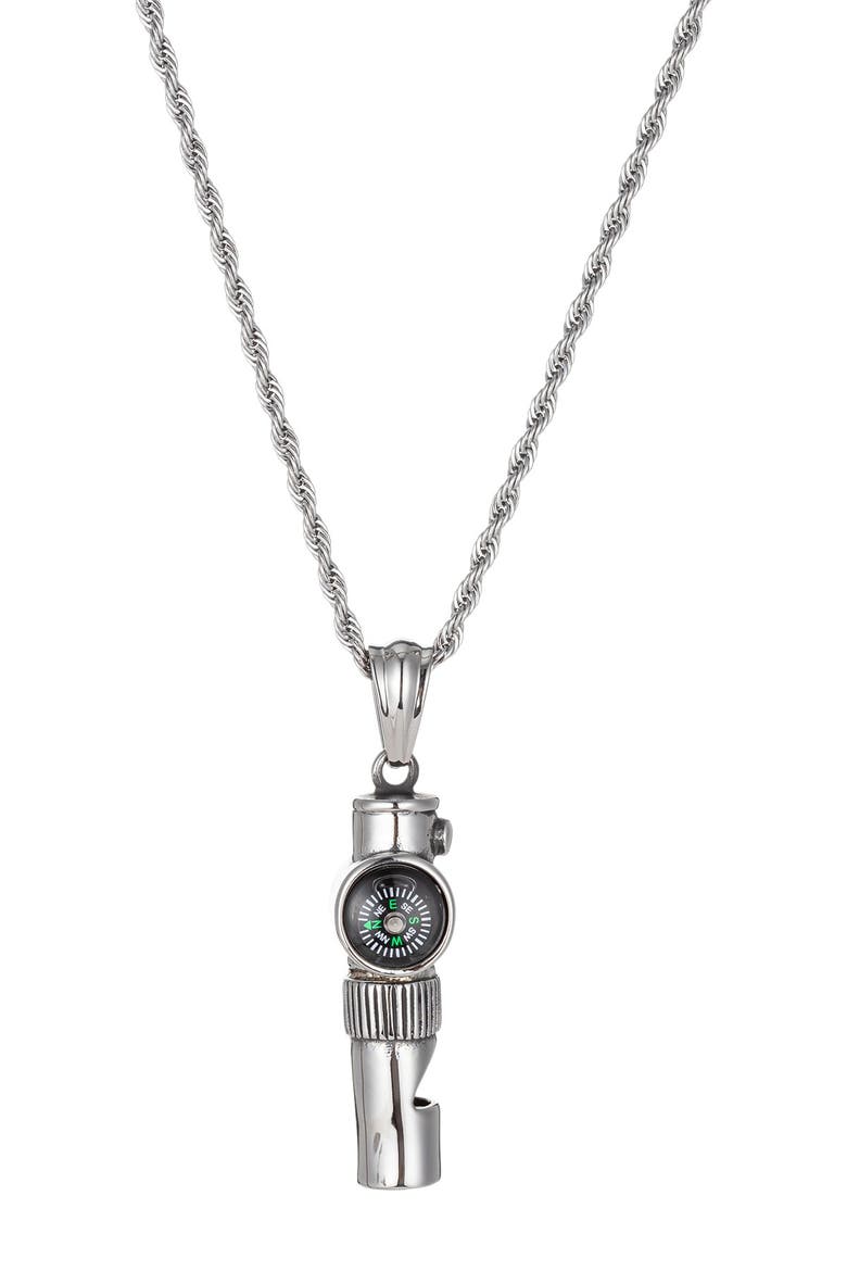 Lincoln Titanium Compass Pendant Necklace With Working Whistle, Main, color, SILVER