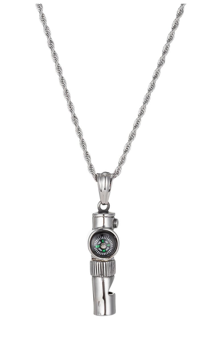 EYE CANDY LOS ANGELES Lincoln Titanium Compass Pendant Necklace With Working Whistle, Main, color, Silver