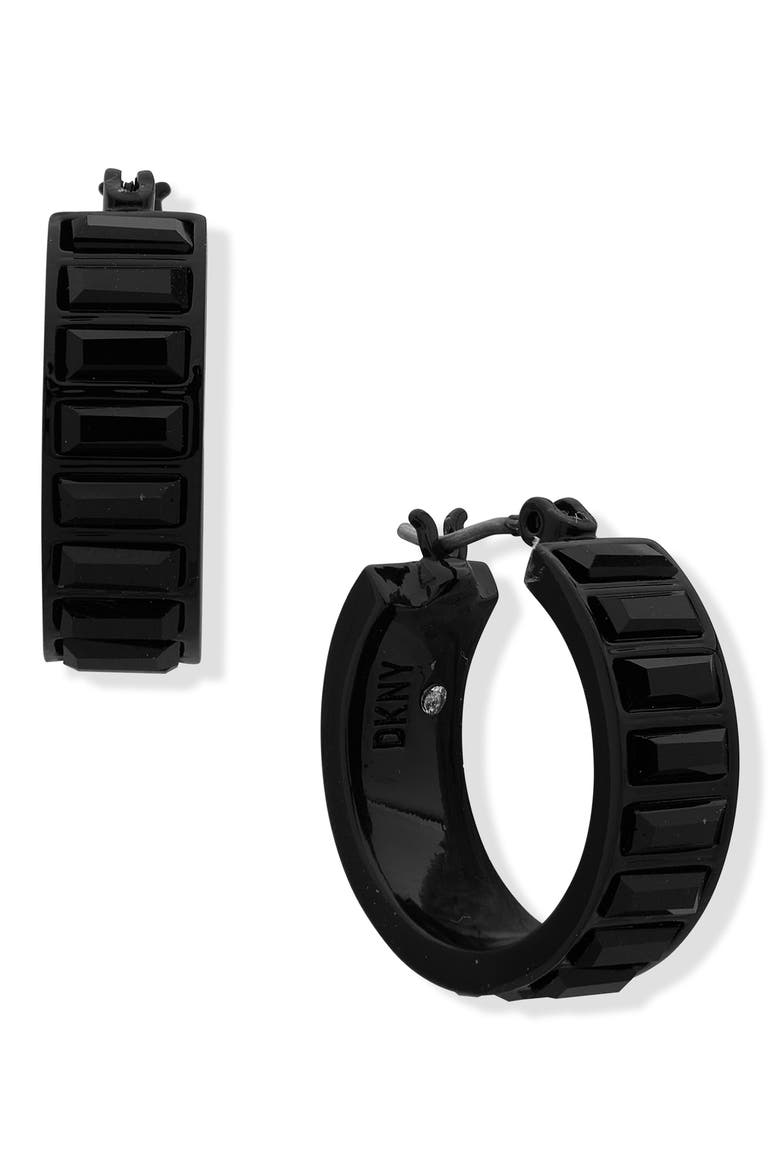 17mm Stone Huggie Hoop Earrings, Main, color, BLACK/ BLACK