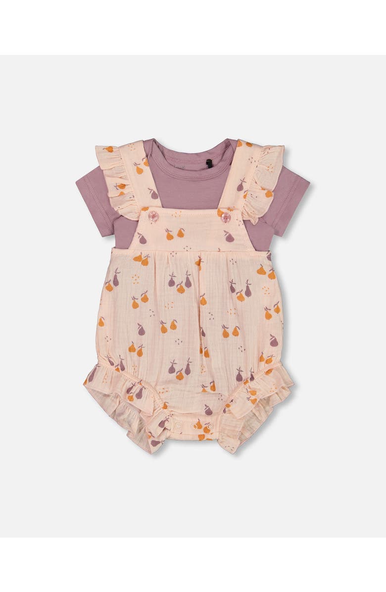 Deux par Deux Baby Girl's Printed Muslin Shortall And Organic Cotton Bodysuit Set Peach With Pears, Main, color, Peach With Pears Print