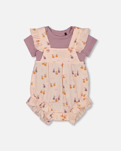 Deux par Deux Baby Girl's Printed Muslin Shortall And Organic Cotton Bodysuit Set Peach With Pears in Peach With Pears Print at Nordstrom, Size 3M