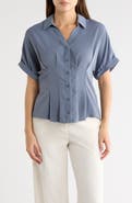 Adrianna Papell Pleated Waist Short Sleeve Button-Up Shirt