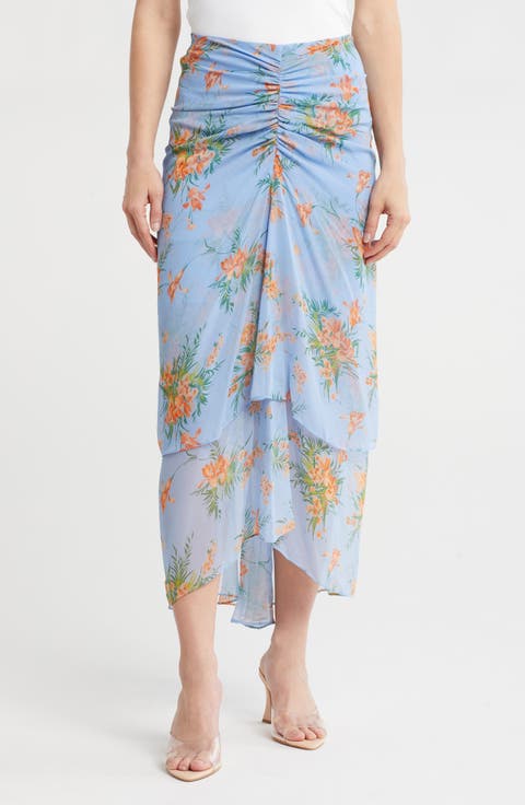 Sira Floral Ruffle Silk High-Low Skirt