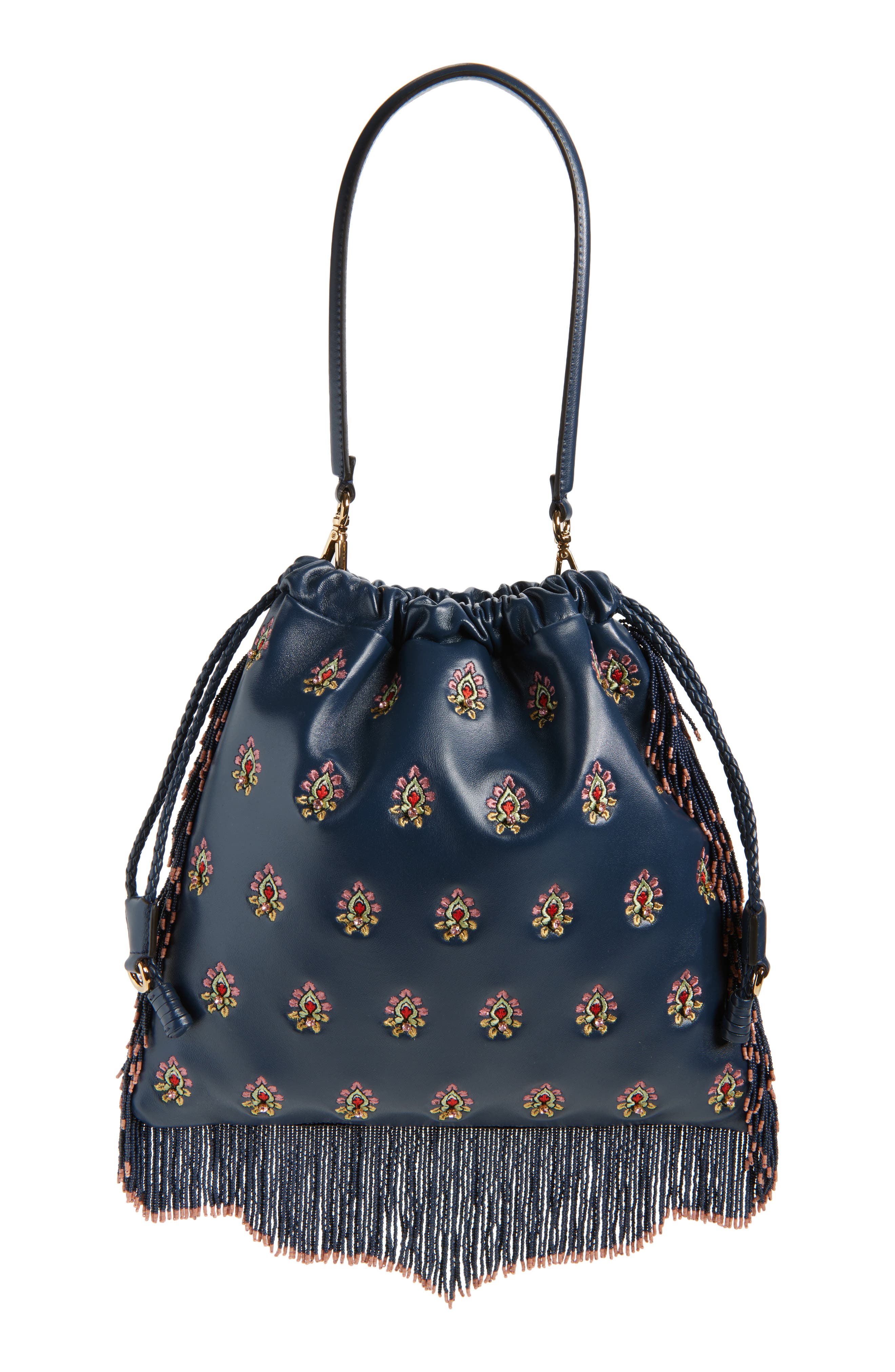 Etro Medium Kalispera Embroidered Leather Shoulder Bag, Main, color, Panna