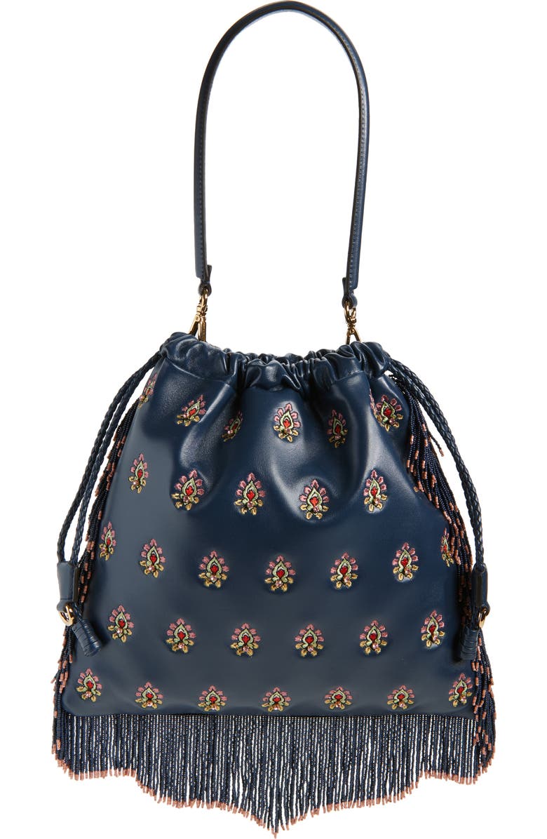 Etro Medium Kalispera Embroidered Leather Shoulder Bag, Main, color, Panna