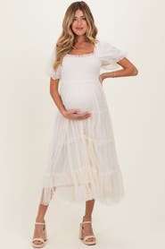 PinkBlush Pink Tulle Tulle Puff Sleeve Smocked Midi Dress