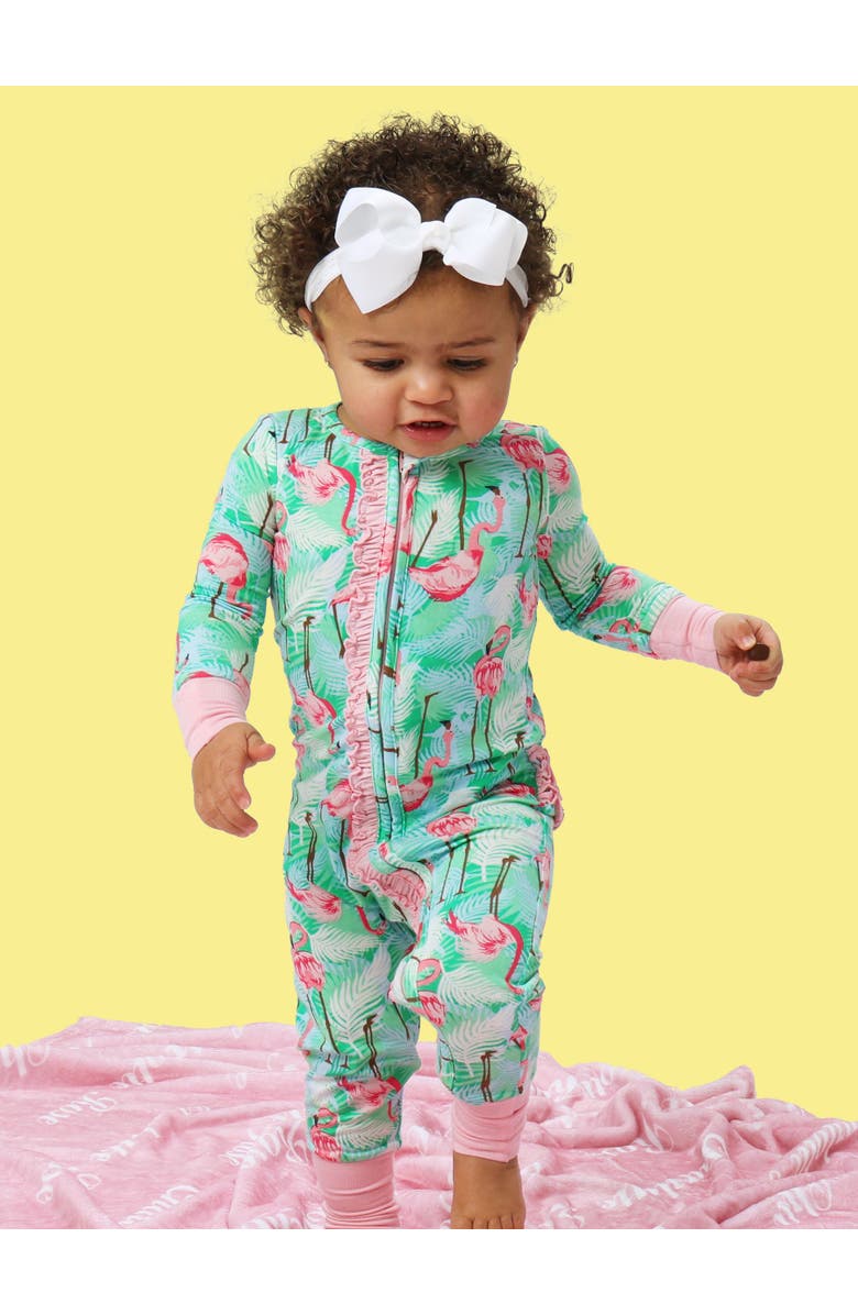 RuffleButts Baby Girls SoftSnooze Convertible Ruffle One Piece Pajama, Alternate, color, Green Vibrant Flamingo