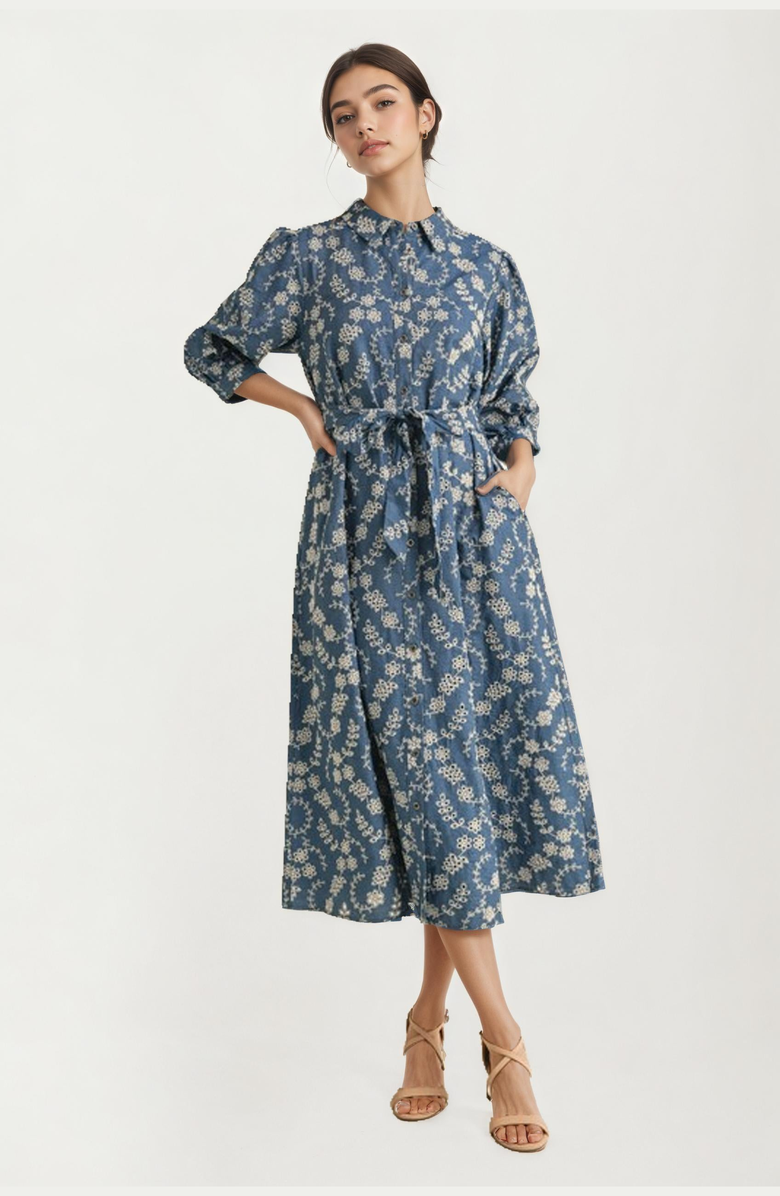 Knit and Lounge Collared Button-Front Tie-Waist Pocketed Midi Dress, Alternate, color, 