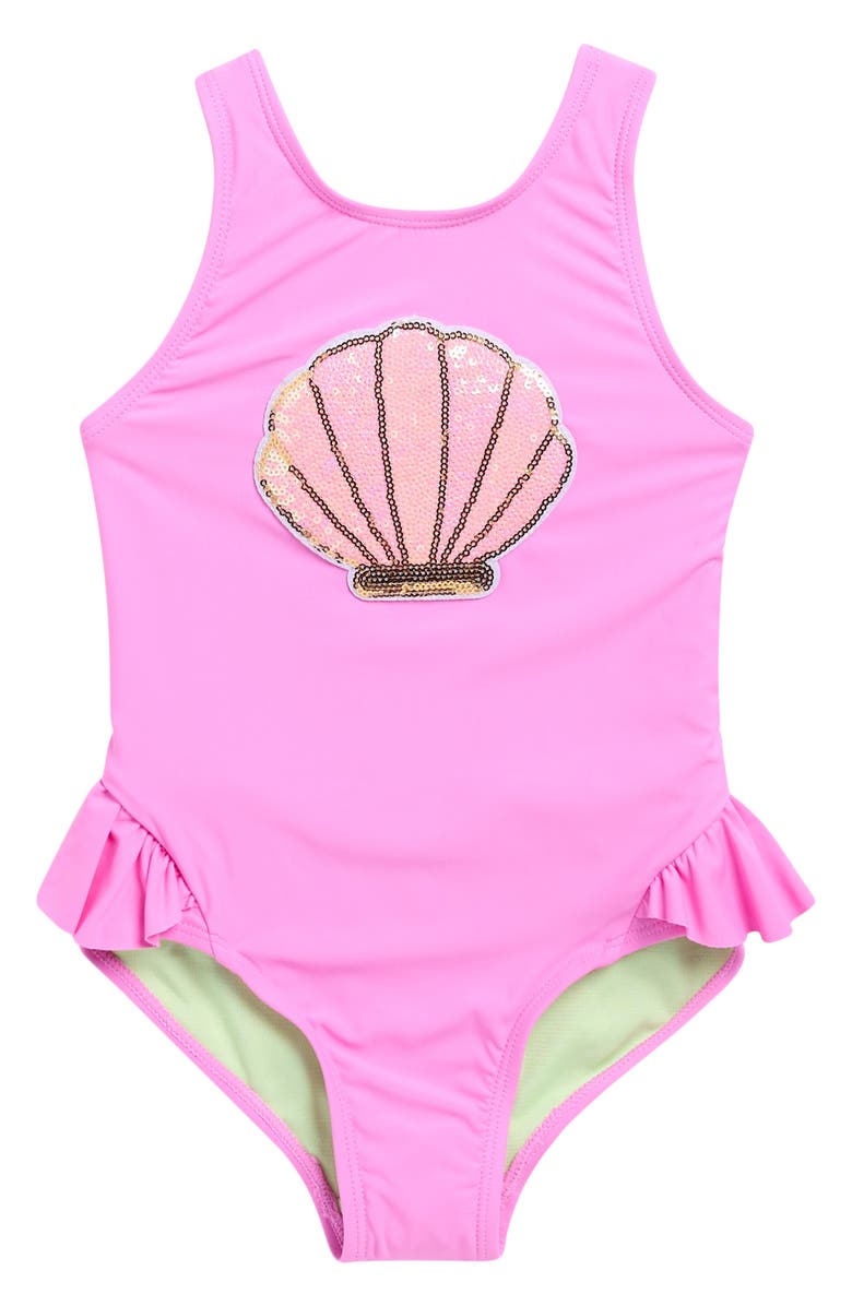Beach Lingo Kids' Sequin Seashell One-Piece Swimsuit, Main, color, Cyber Pink