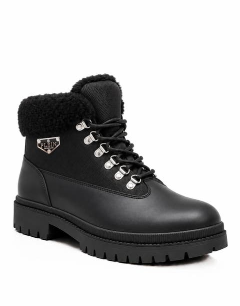 Nylon Leather Boots Triangle Placca Fake Fur Unisex