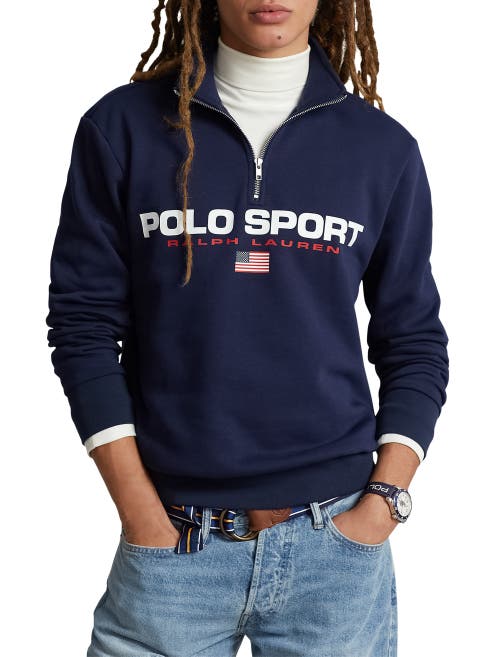 Polo Ralph Lauren Sport Capsule Retro Flag Logo Half Zip Sweatshirt In Cruise Navy/white