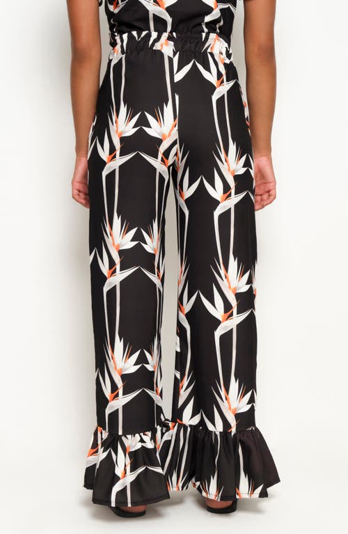 The Lulo Project Floral Ruffle Hem Drawstring Pants In Birds Of Paradise Black