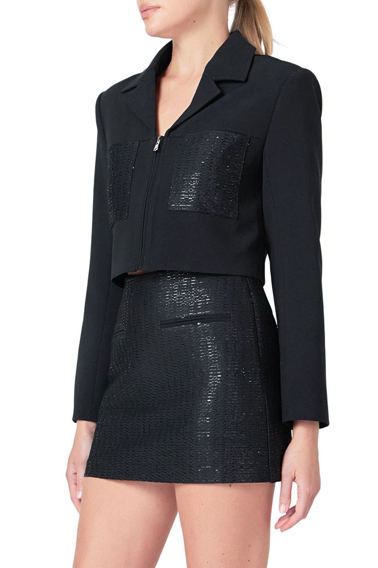 Sequin Pocket Crop Blazer, Alternate, color, BLACK