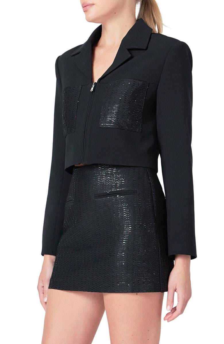 Endless Rose Sequin Pocket Crop Blazer, Alternate, color, Black