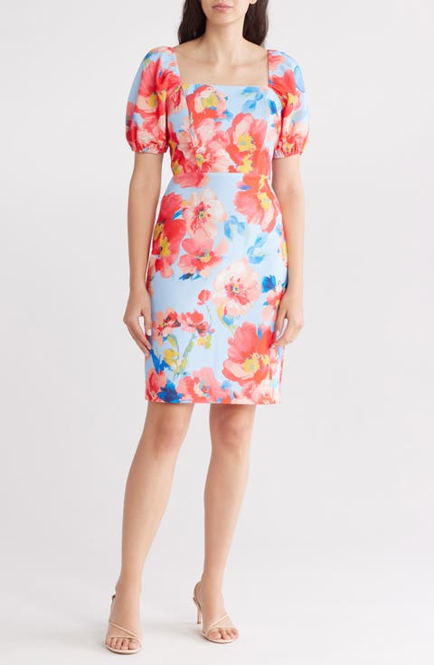 Floral Puff Sleeve Sheath Dress