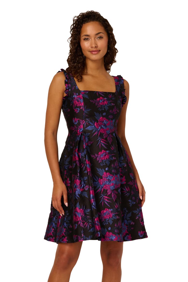 Floral Ruffle Jacquard Cocktail Dress, Alternate, color, BLACK/ PINK MULTI