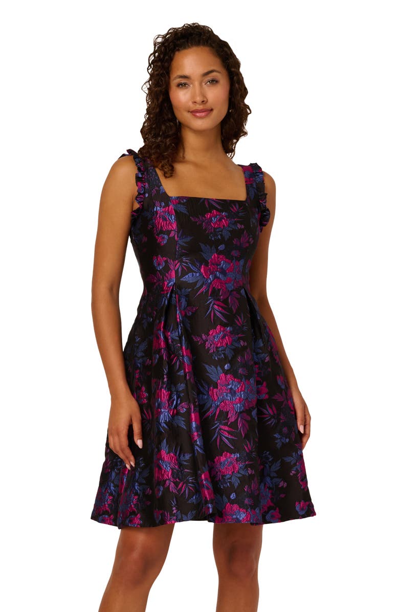 Adrianna Papell Floral Ruffle Jacquard Cocktail Dress, Alternate, color, Black/ Pink Multi