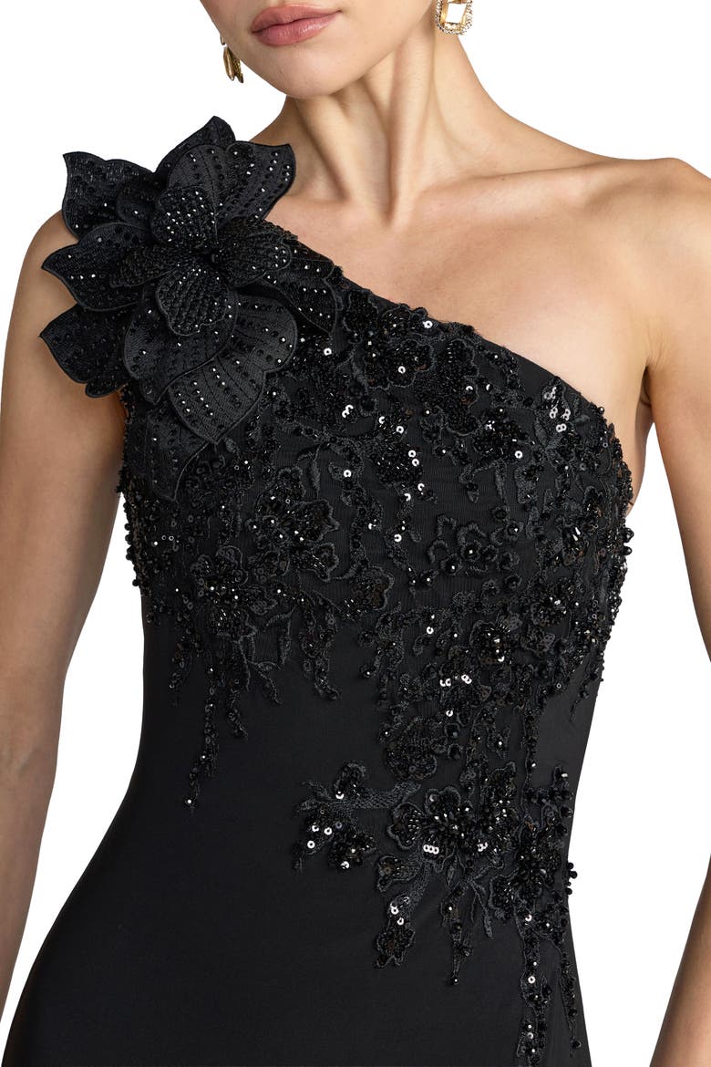 Embroidered Jersey One Shoulder Gown with 3D Flower, Alternate, color, Black