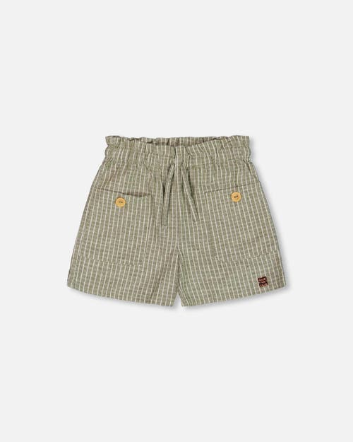 DEUX PAR DEUX DEUX PAR DEUX LITTLE GIRL'S LINEN SHORT WITH POCKETS MEDIUM GREEN AND CREAM STRIPED