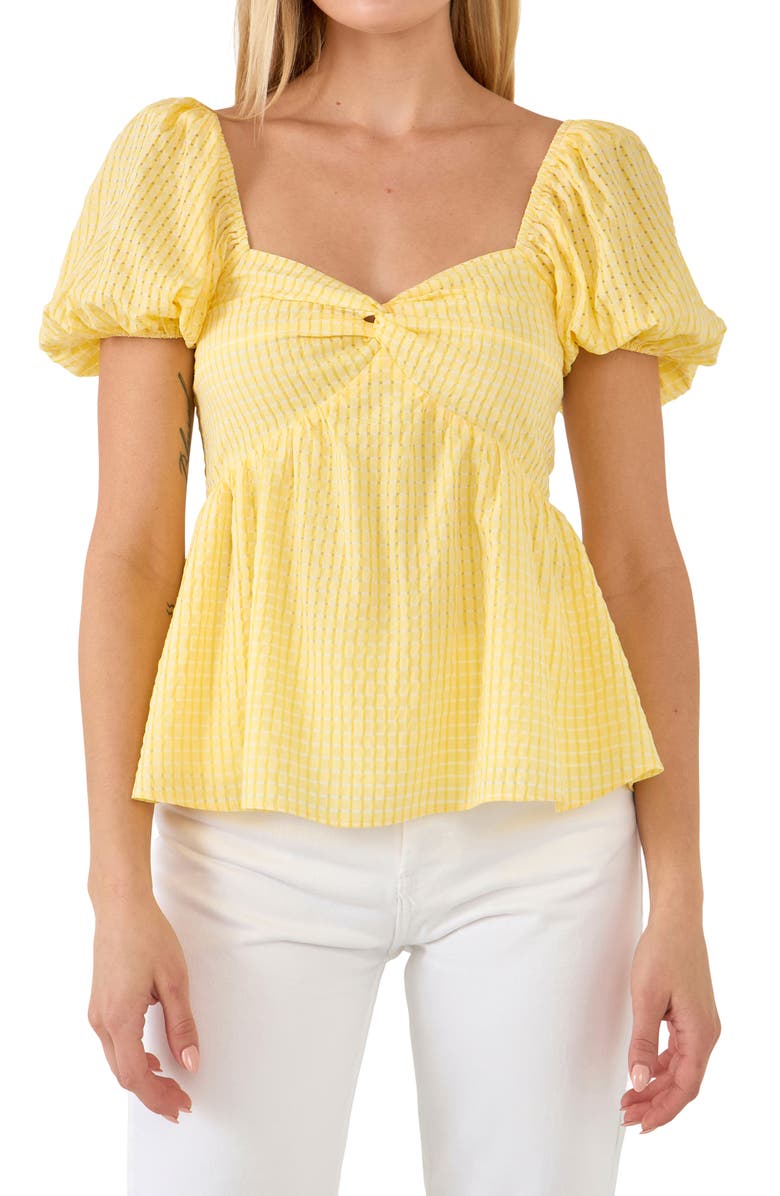 English Factory Check Puff Sleeve Top, Alternate, color, Yellow