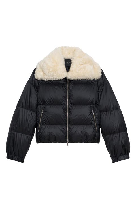 Genuine Shearling Collar Puffer Jacket