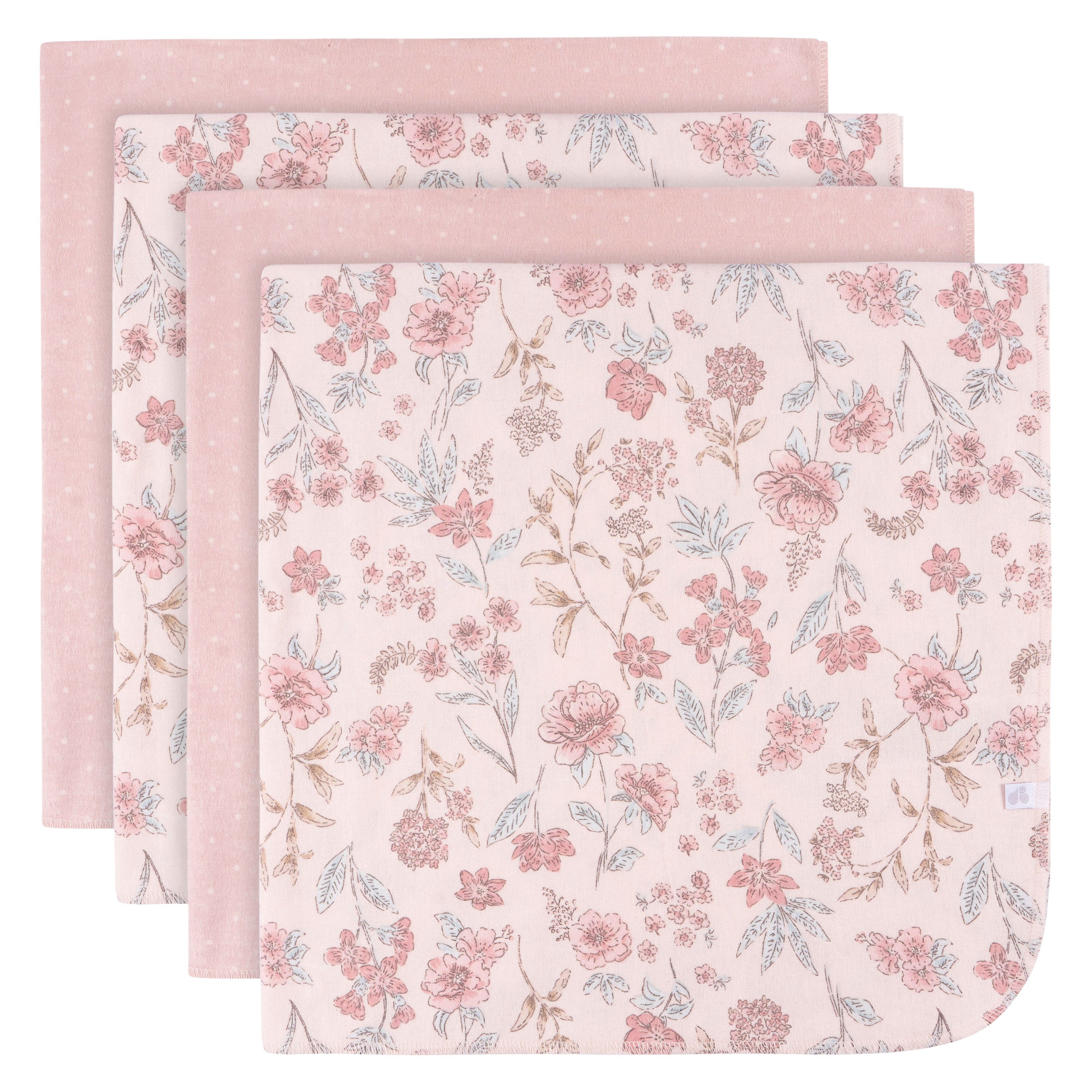 Just Born Pink Cotton Flannel Swaddles 4-Pack in Floral 