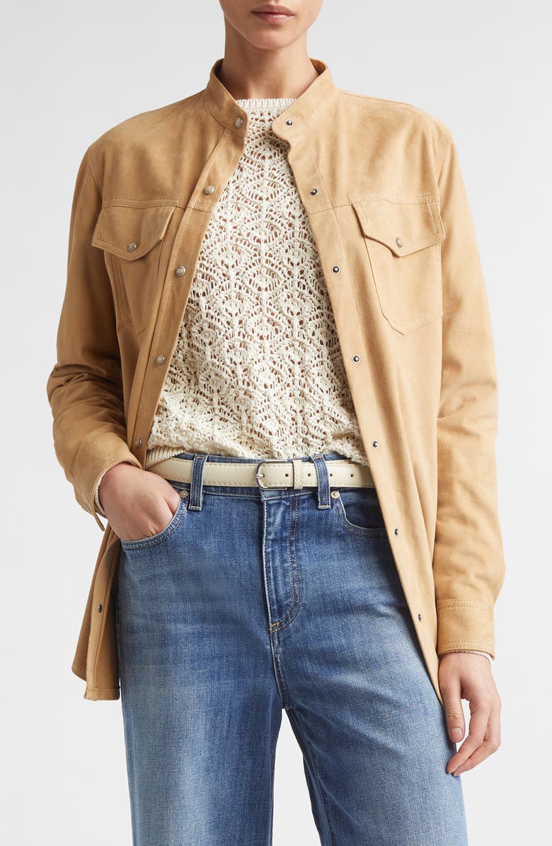 Eleventy Lambskin Suede Overshirt, Main, color, Camel