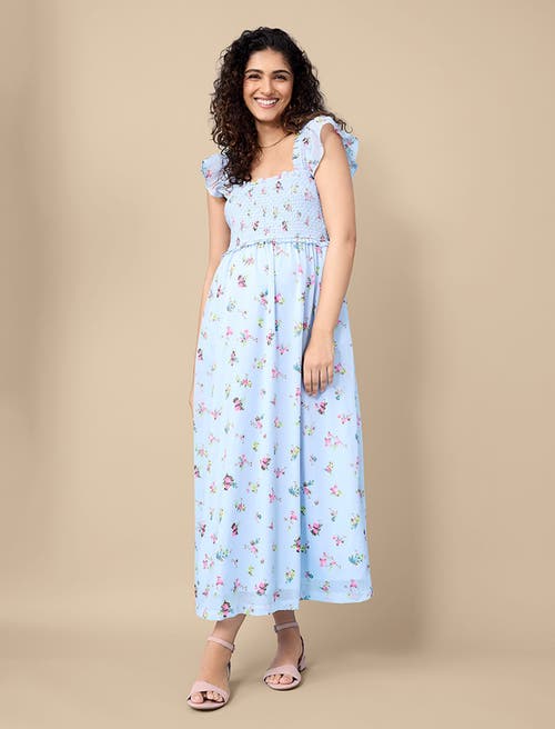 Motherhood Maternity Sleeveless Ruffle Shoulder Smocked Maxi Dress In Skyway Ditsy Floral