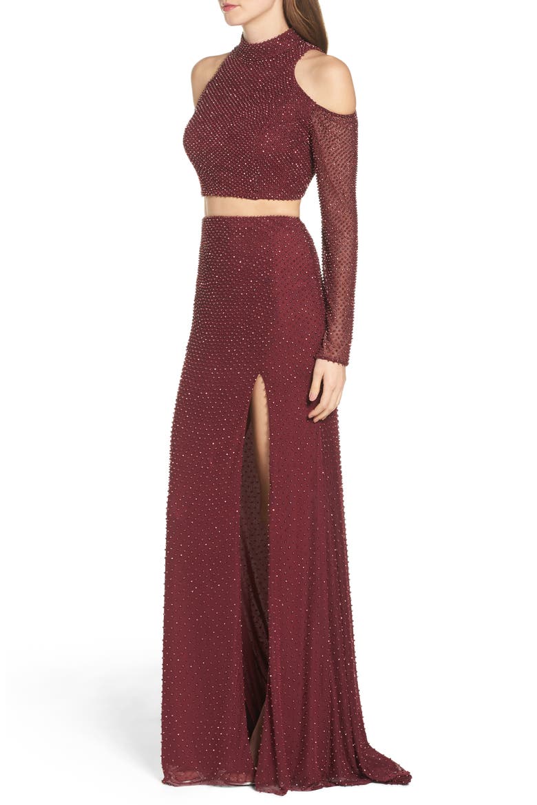 Long Sleeve Embellished Two-Piece Gown, Alternate, color, GARNET