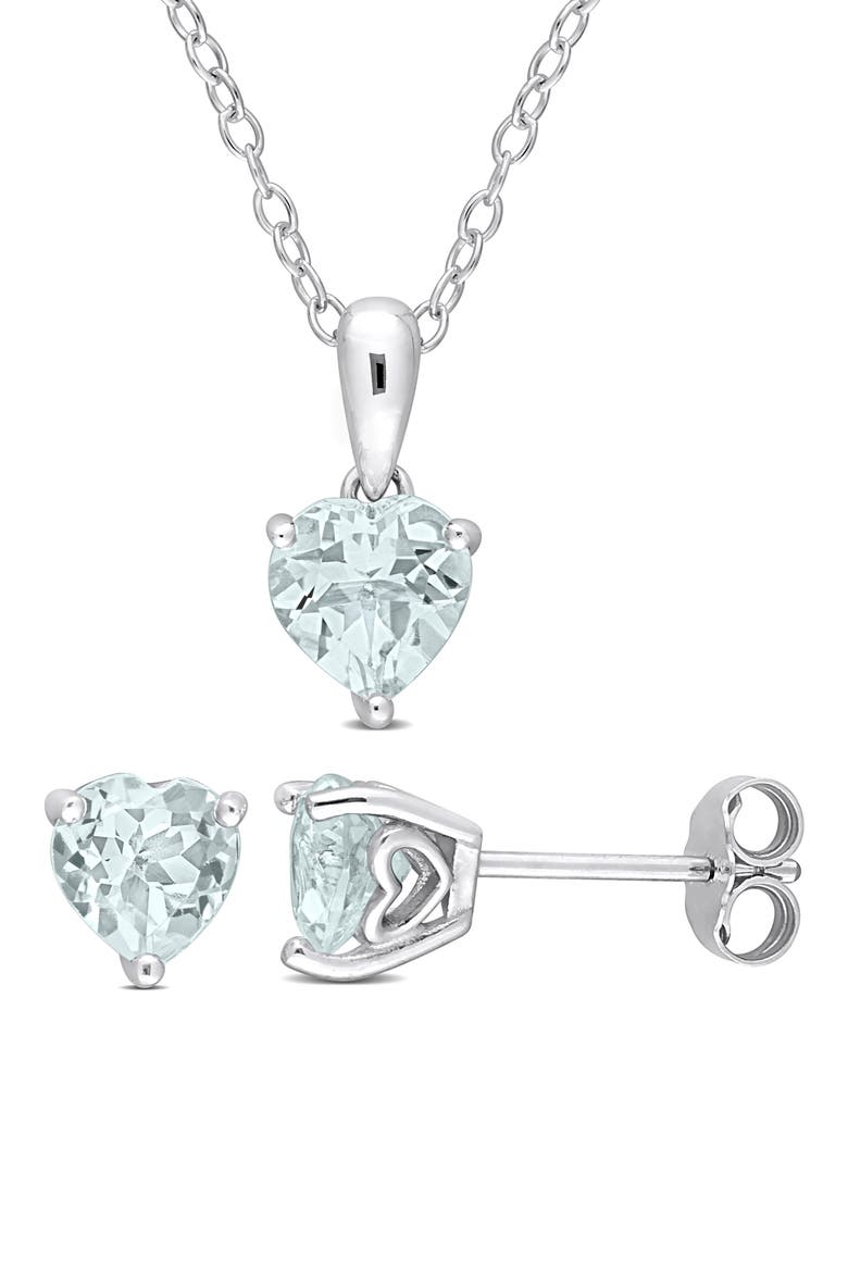 Heart Cut Aquamarine Pendant Necklace & Stud Earrings Set, Main, color, BLUE