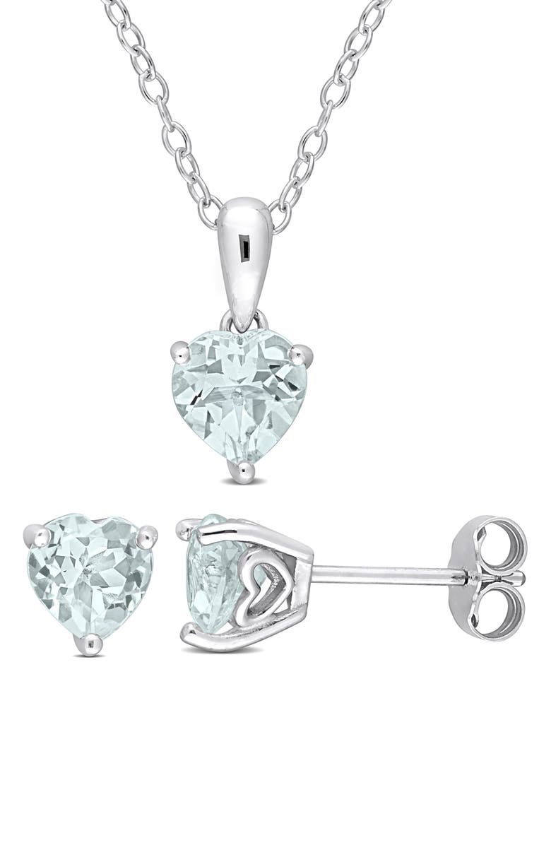 DELMAR Heart Cut Aquamarine Pendant Necklace & Stud Earrings Set, Main, color, Blue