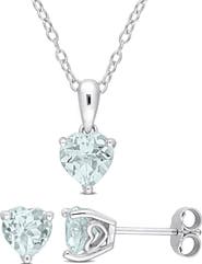 DELMAR Heart Cut Aquamarine Pendant Necklace & Stud Earrings Set