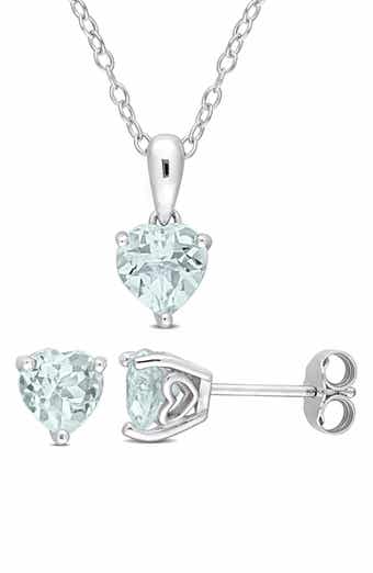 Heart Cut Aquamarine Pendant Necklace & Stud Earrings Set