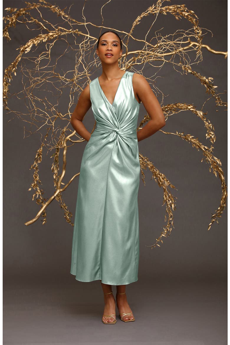 Front Twist Satin Maxi Dress, Alternate, color, SILVER/GREEN
