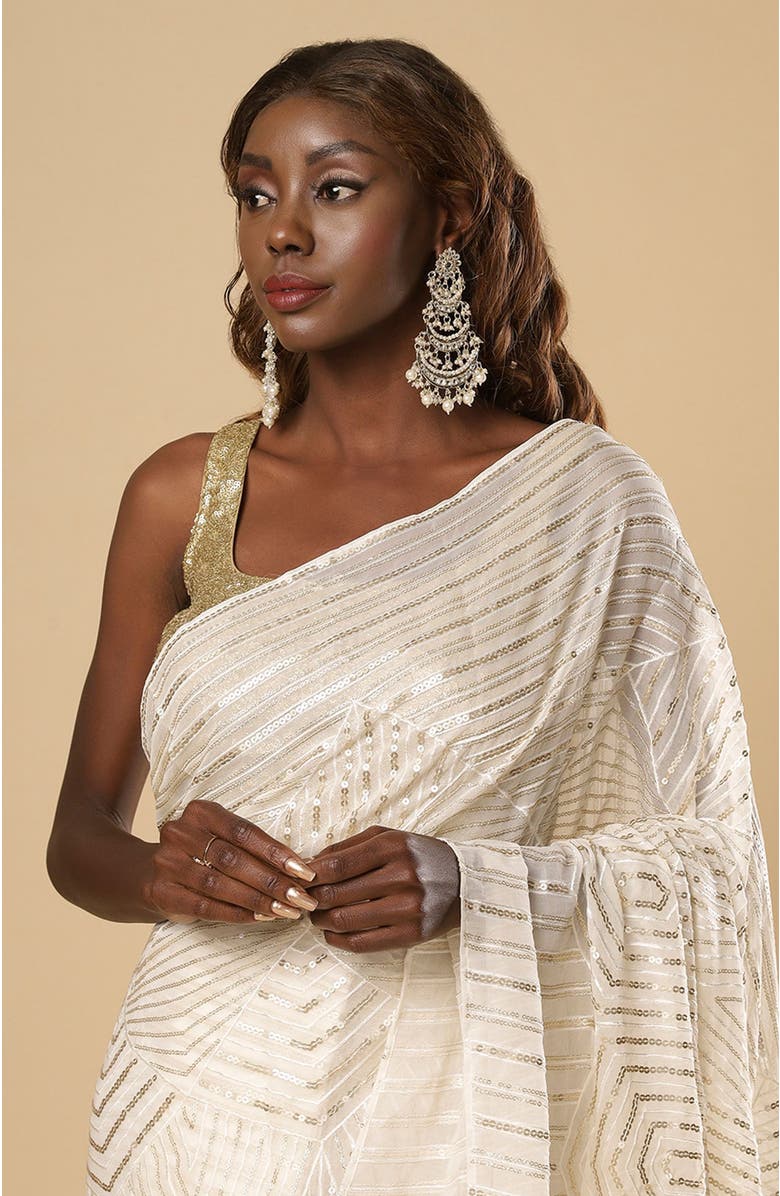 One Minute Saree<sup>®</sup> Charlize Luxe Cream Geometric Sequins Georgette Ready to Wear Saree, Alternate, color,