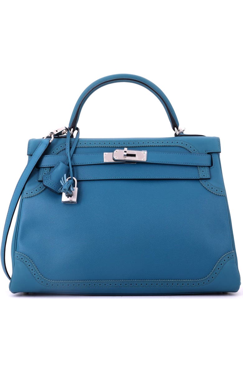 Pre-Owned Hermes Kelly Ghillies Handbag Blue Grain d'H and Swift with Palladium Hardware 32, Main, color, Colvert