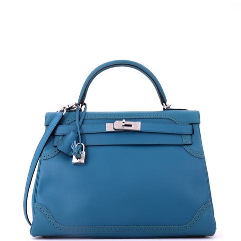 Kelly Ghillies Handbag Blue Grain d'H and Swift with Palladium Hardware 32