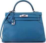 Pre-Owned Hermes Kelly Ghillies Handbag Blue Grain d'H and Swift with Palladium Hardware 32